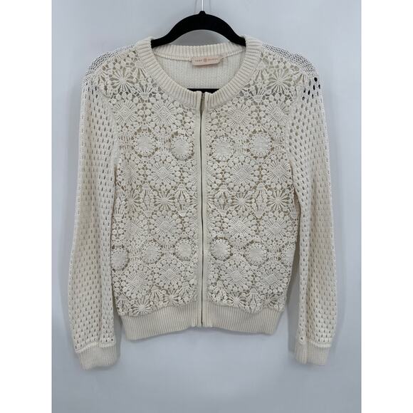 Tory Burch Ivory Zip Crochet Trixie Cardigan Size Small - Picture 2 of 9